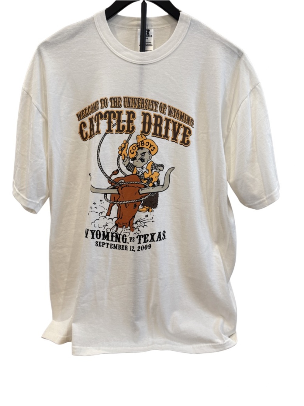 Russell Athletic White Tee with Gold, Brown & Black Cattle Drive Graphic